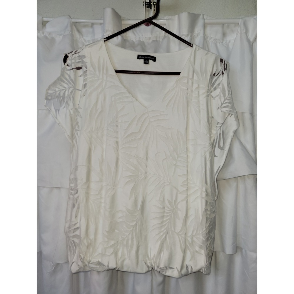 Chacha Vente White Burnout Palm Leaf V-Neck Bubble Hem Top Small 2016